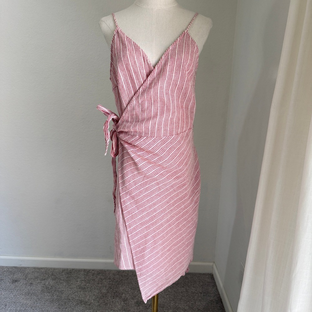 StyleStalker Red Acadia Striped Linen Blend Wrap Dress XL Coastal Brunch Preppy - Picture 1 of 8